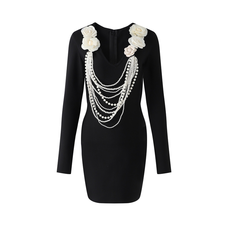 Kimshein LS2642 Bodycon Dress for Women Long Sleeves Floral Design Pearl Accents and Sexy Bandage Dress Club Set Outfit