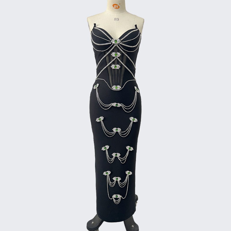 SB3414 Natural Waistline Luxurious Dress with Shimmering Crystal Fringe and Strapless Design for Elegant Evening Affairs