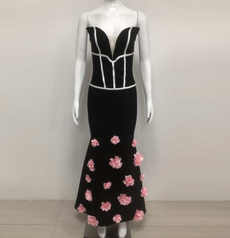 Guangdong SB3412 Kimshein Fashion Women's Strapless Evening Dress Beautiful Ball Gown 3D Flower Bandage Dress All Seasons