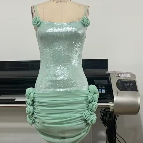 SB3415 Green Sequin Italian Noodle Straps and Floral Netting Mini Dress for Women's Nightclub Clothing 7-Day Fast Sampling