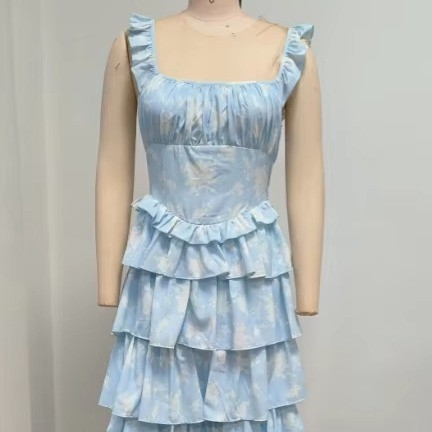 Summer Must-Have SB3417 Women's Blue Maxi Dress with Floral Print and Pleated Hem in Polyester Material