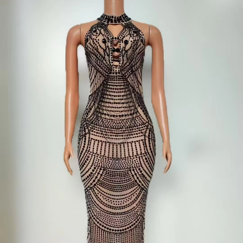 All Seasons AD2525 Luxury Women's Fashion Diamond Sleeveless Fringe Elegant Evening Dress for Women Long Prom Dress Stock/