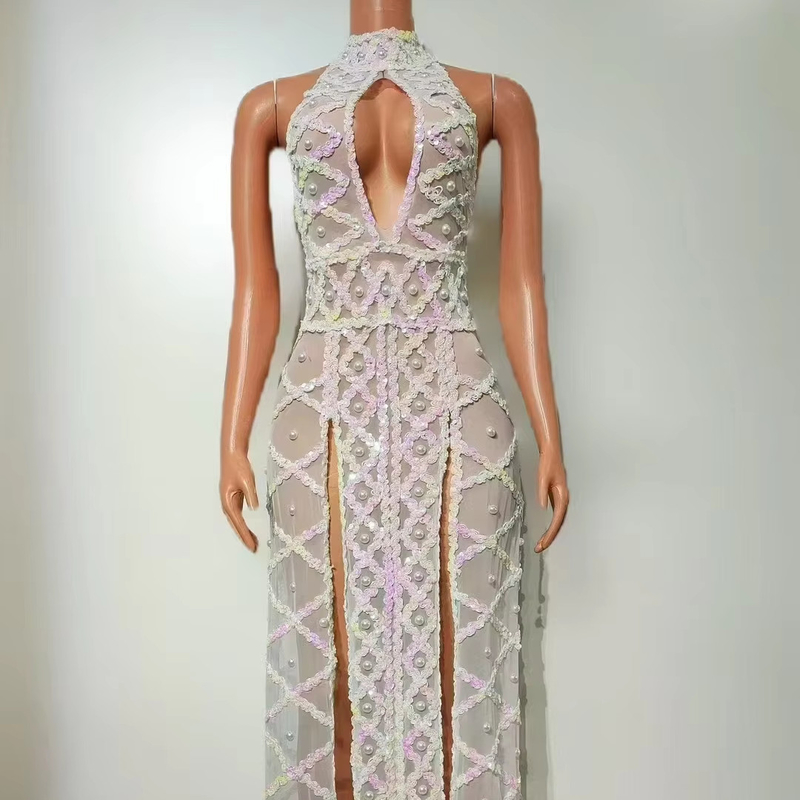 AD2505 Sexy Evening Dress for Women Perfect for Nightclub and Party Featuring Slit Sequins Pearls and Dance Floor Dress