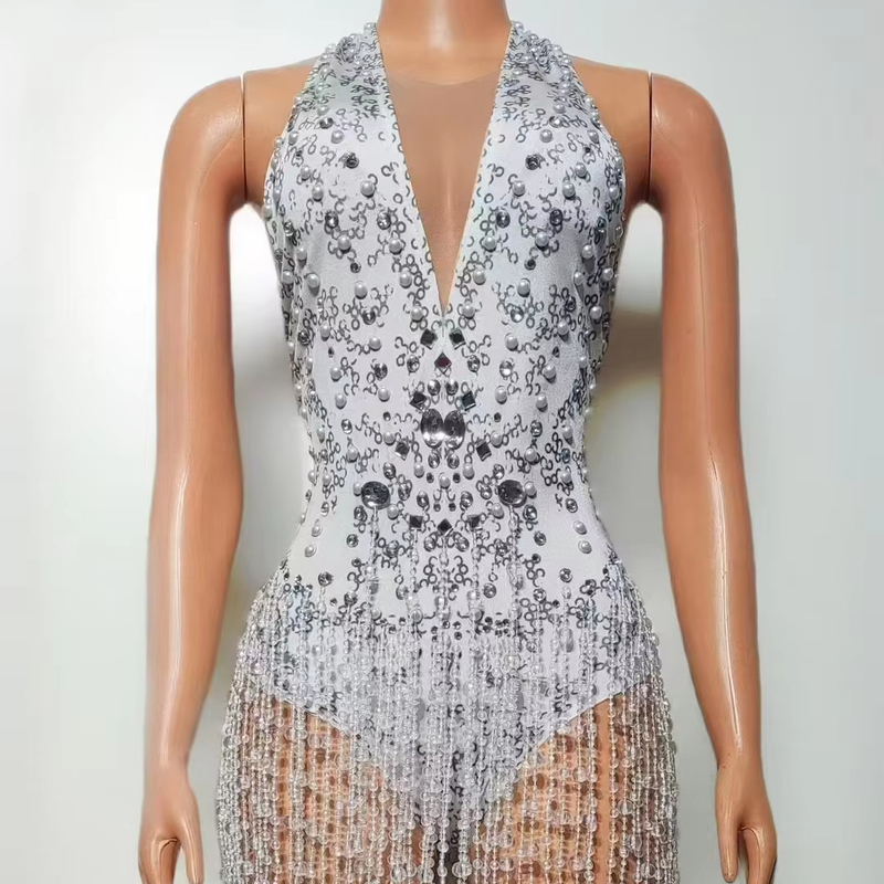 AD2460 Pearl Stage Dance Costume Shiny White Dress with Dazzling Diamonds Fringes and a Form-Fitting Silhouette