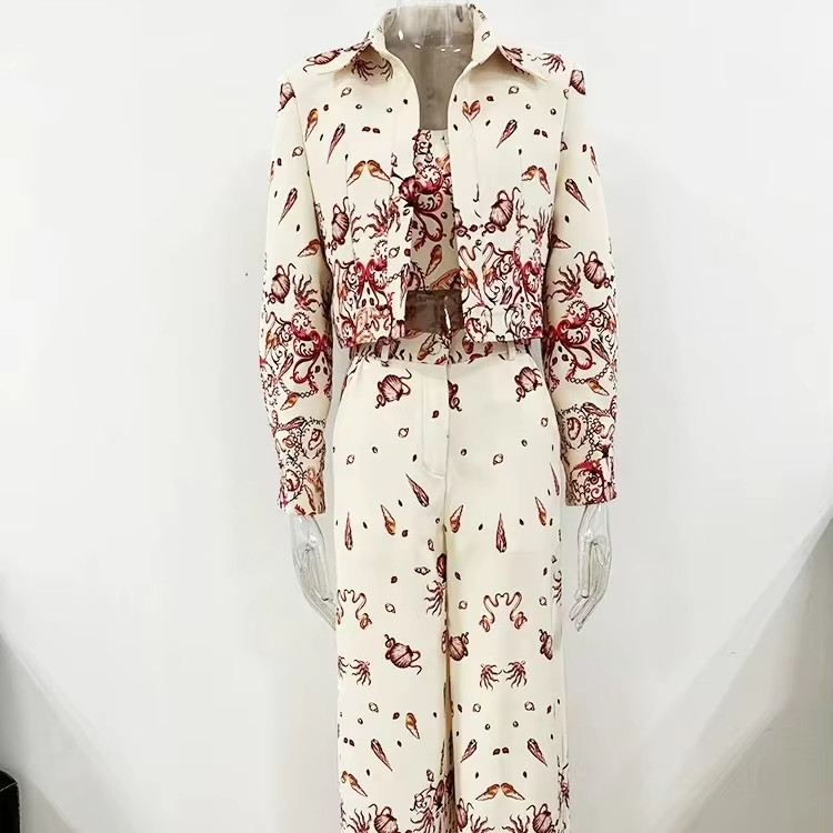 SR2388 Kimshein Club Wear Three-Piece Set for Women Elegant Floral Print Suit Jacket and Full Sleeve Long Pants