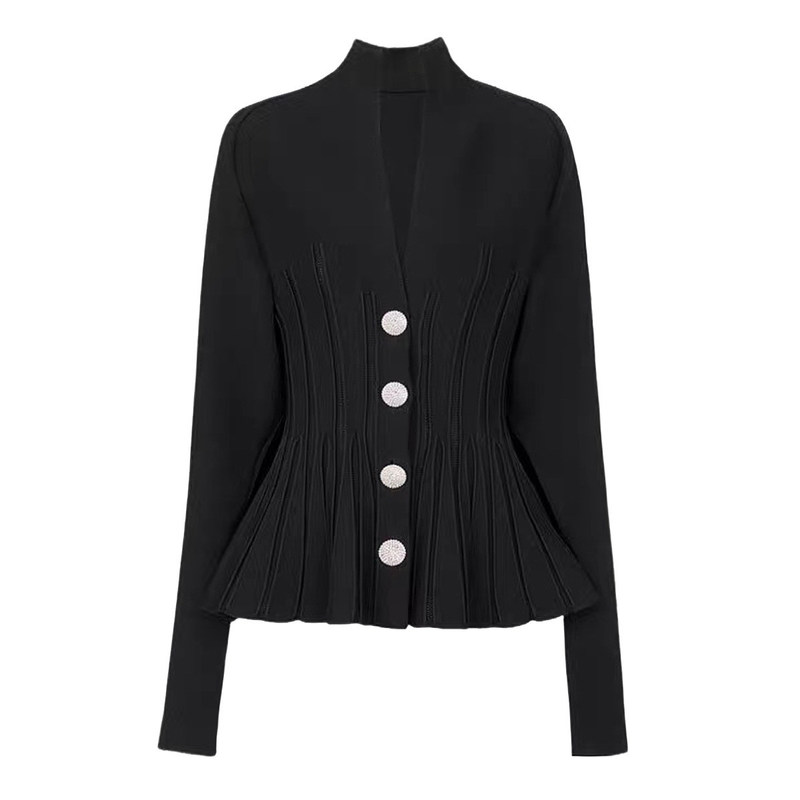 KD2236 Women's 2-Piece Spring Suit V-Neck Jacket and Flounce Skirt Made with Plush Fabric Knee-Length