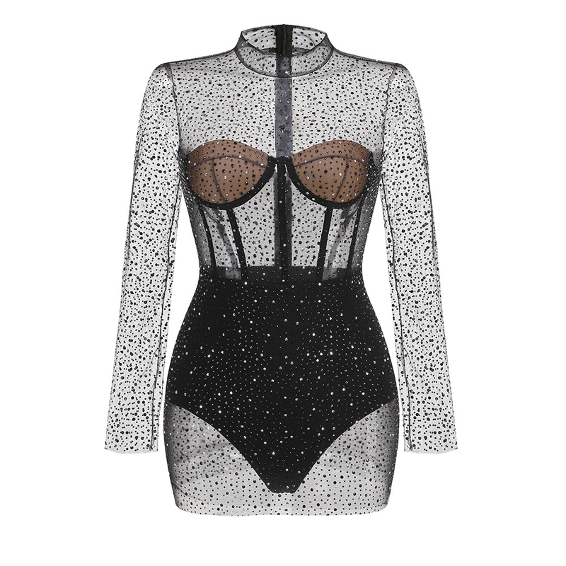 SR2379 Night Sexy Club Set with Perspective Design Round Neck Knee-Length Regular Sleeves and Luxurious Beaded Embellishments