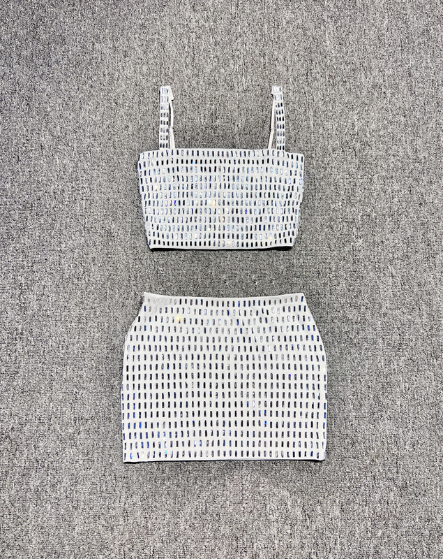 SS2363 Spring Autumn Women's Fashion Clothing Luxurious Dress Celebrity Crystal Stone Two-Piece Set for Women in Pure Color