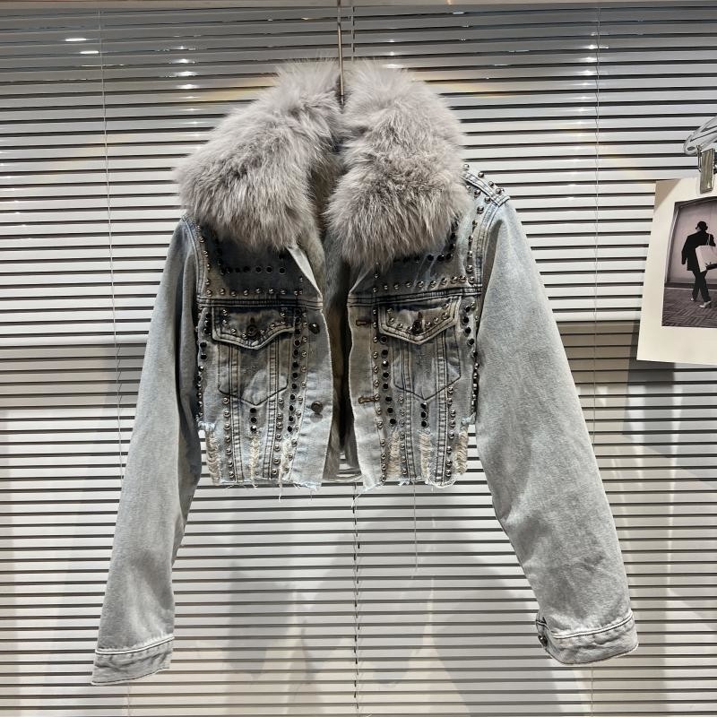 Kimshein BA2300 Women's Fashion Denim Coat with Feather Fur Woven Method Shuttle Loom