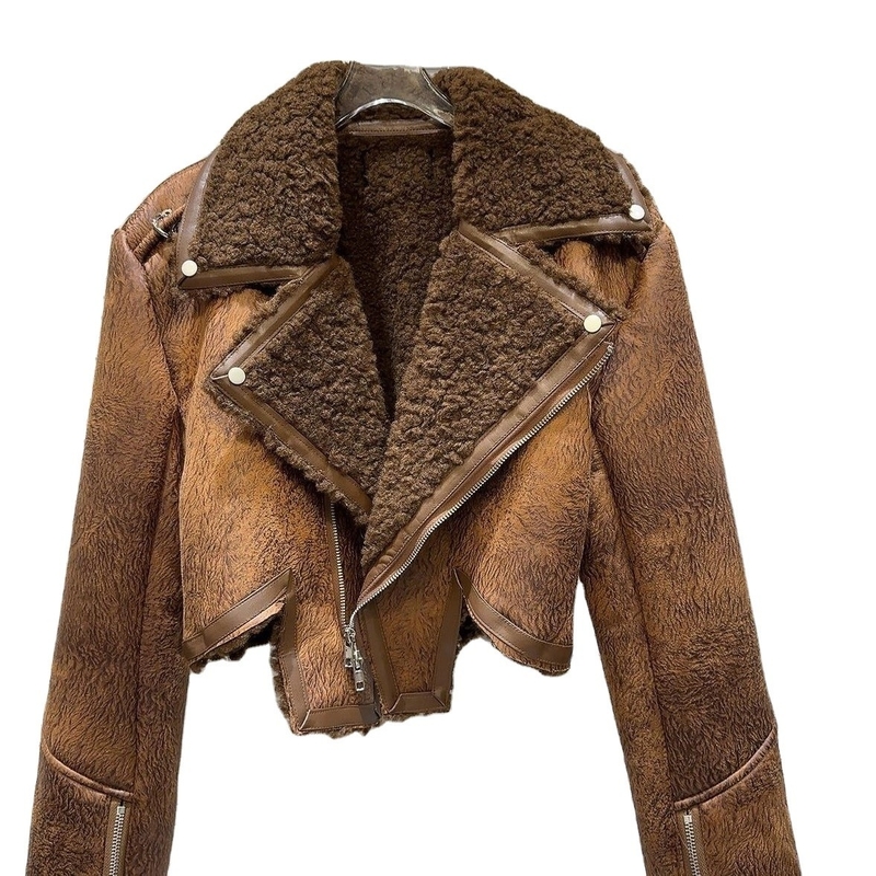 Standard Thickness Chinese Stand Collar Women's Winter Jacket with Sheep Wool Lining Short and Stylish BA2291 Luxury Leather Jacket