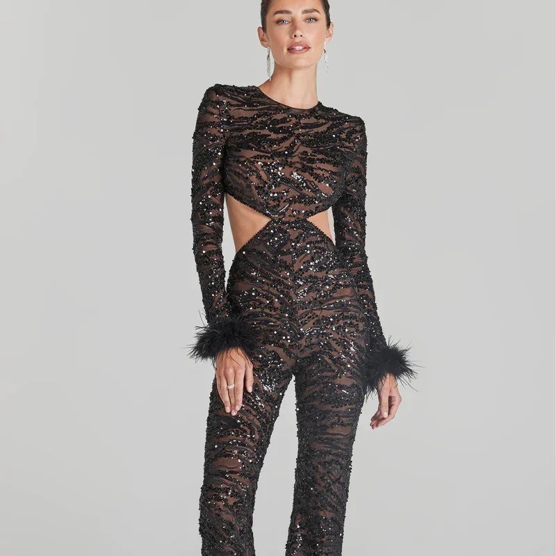 Kimshein JB2238 Classy Mesh Sequin Long Sleeve Bodysuit for Women Sexy Hollow Out Bodysuit Luxury Tight Feather Bodysuit