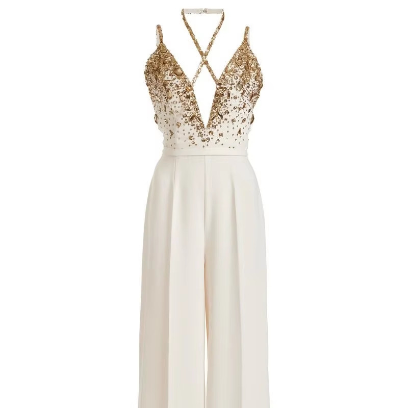 Kimshein JB2217 Gold Sequin Jumpsuit Crystal Elegant Party Outfit for Women Wide Leg Jumpsuit Summer Shimmering Jumpsuit