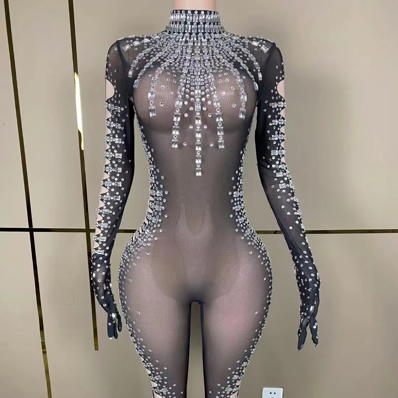 Long Sleeve AD1818 Kimshein Handmade Women's High Fashion Diamond Jumpsuit with Sexy Crystal and Diamond Embellishment