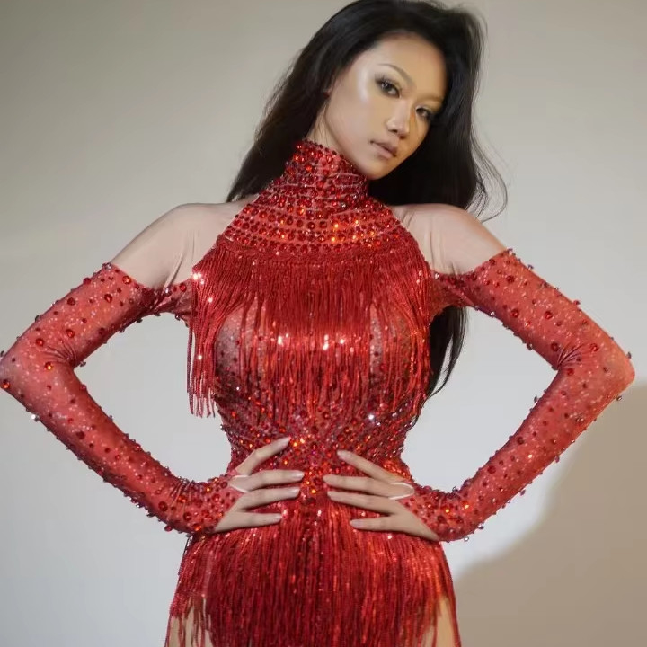 AD2434 Summer Nightclub Party Essential Breathable Fringed Rhinestone Long Sleeve Mini Sexy Jumpsuit for Nightlife