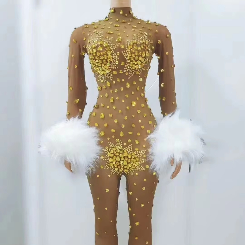 AD1772 Fashion Handmade Crystal Rhinestone Clothing Feather Jumpsuit for Women Regular Sleeve and Spring Season Suitable