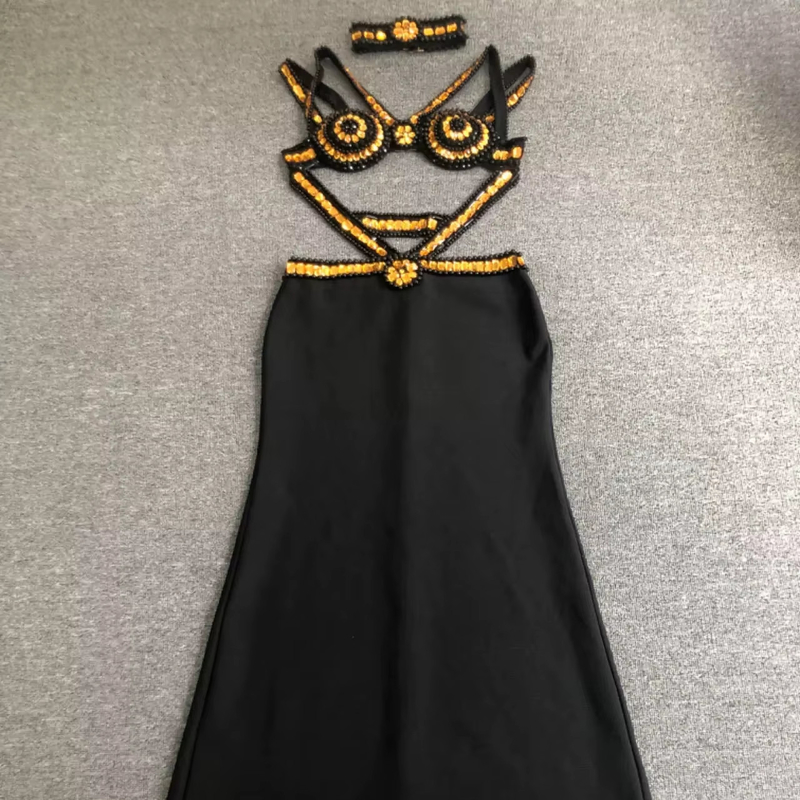 ED2730 Elegant Hollow Out Sleeveless Crystal Party Club Bandage Dress Floor-Length for Sexy and Sophisticated Style