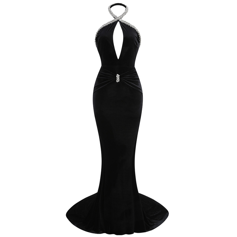 Velvet Gown Luxury for Women Customizable Logo Sophisticated Halter Neck Dress Women Crystal Evening Party Dress