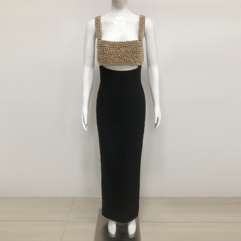 Sophisticated Summer Bandage Dress Sleeveless Luxury Beaded Pearl Dress for Customer Requirements