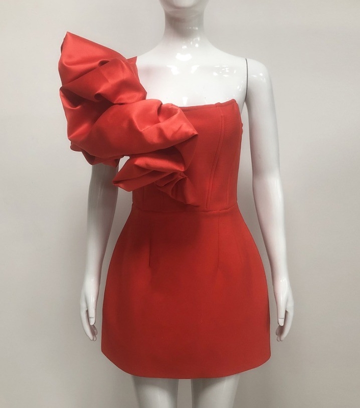 Lotus Leaf Edge Decorated Kimshein end Mini Party Dress One-Shoulder Ruffle Sexy Mini Dress Bandage Dress in High Demand