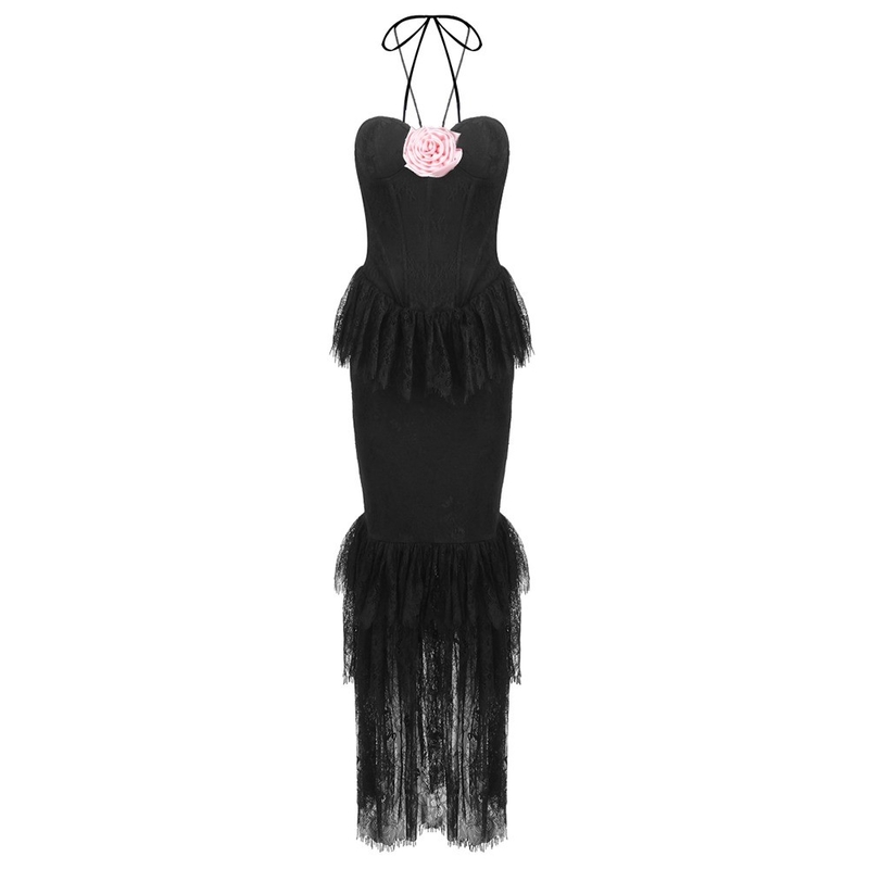 SB3402 Kimshein Fashion Long Dress for Women Customizable Logo Hanging Neck Collar Elegant Lace Floral Birthday Dress