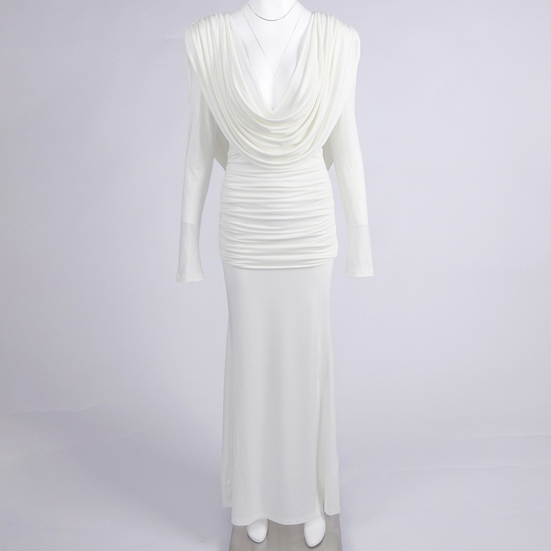 LS2640 White Sexy Deep V-neck Long Sleeve Pleated Hem Maxi Dress with Solid Bodycon Clubwear No Decorations Polyester Fabric