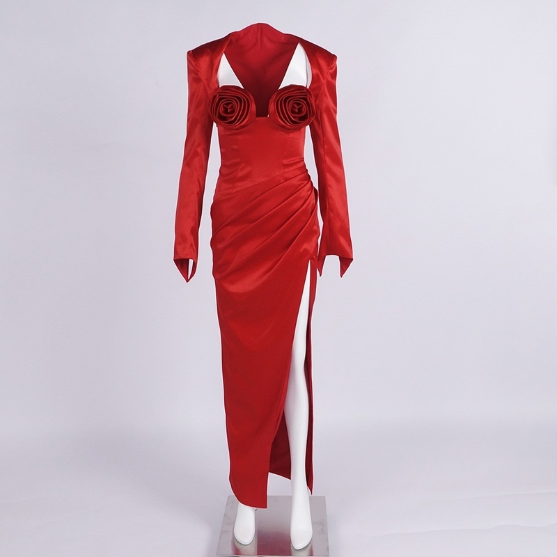 Water Washed Flowers Decorated Red Satin Maxi Dress with Suit Jacket SS2395 Women's Elegant and Sexy High Slit