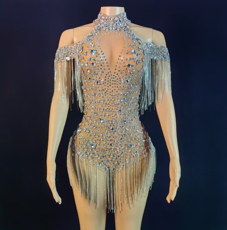 KIMSHEIN AD2451 Handmade Silver Rhinestone Bodysuit and Fringe Set for Women's Fashionable Attire