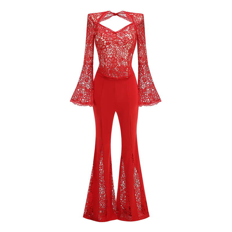 Kimsheinfashion Red Lace Long Sleeve Loose Women's Pants Sexy Women's Clothing SR2374 Two-Piece Set 's Lace Clothing