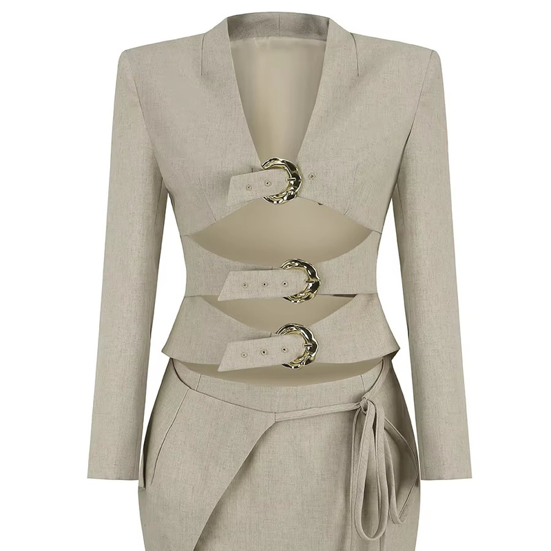 SR2370 Women's Fashionable V-neck Hollow Two-piece Long Sleeve Top and Short Skirt Set with 7-day Fast Sampling Support