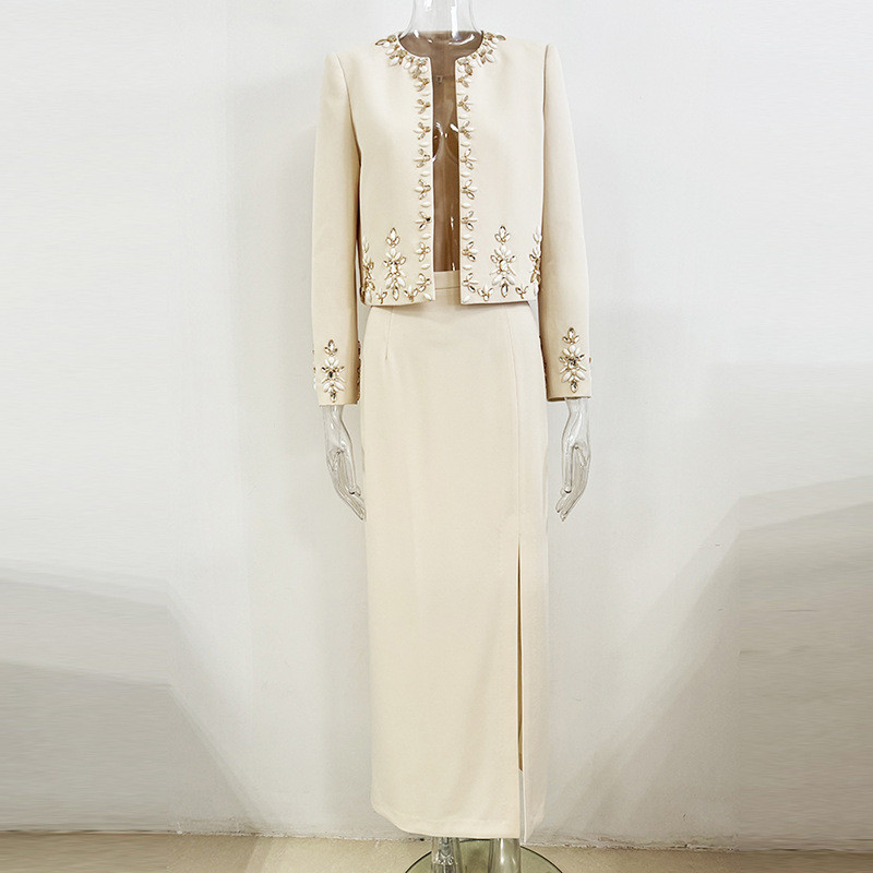 SR2367 Luxurious Handcrafted Crystal Flower Suit Set Tailored Blazer and Short Skirt for Women in the Spring Collection