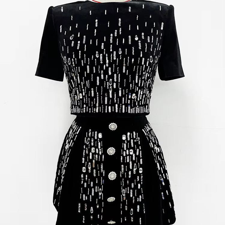 SS2359 Black Luxurious Shiny Beaded Women's Crystal Suit Jacket and Skirt Set Smart Tracking Supported for Luxurious Suit
