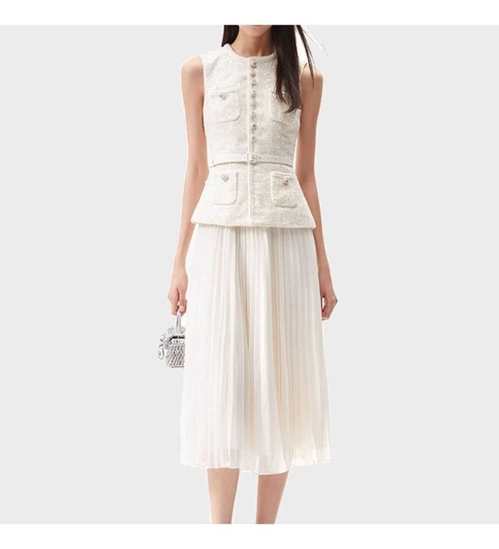 SS2352 White Wool Women's Elegant Office Suit Set with No-Sleeve Sports Jacket and Pleated Skirt in Classic Tweed Pattern