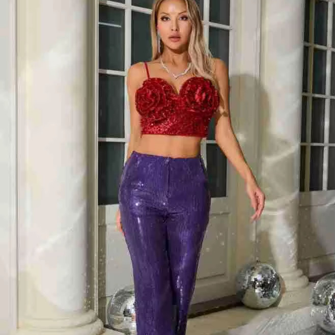 Water Washed SS2348 Summer Sexy Two-Piece Party Set Floral Crop Top and Long Pants for Women in Glittering Bodycon