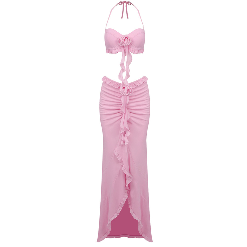 Summer Sexy 2-Piece Set Women's Backless Sleeveless Top High Waist Pleated Skirt Floral Clothing with 240g Fabric Weight