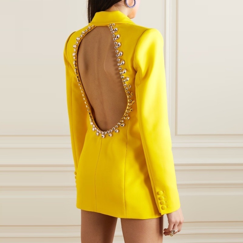 BA2256 Women's Sexy Backless Long Sleeve Luxury Crystal Rhinestone Mini Suit Dress Environmentally Friendly Craftsmanship