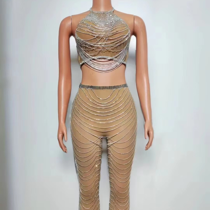 Guangdong AD2294 Women's Fashionable Tight Crystal Chain Two-Piece Set with Woven Method and Quick-Drying Feature Diamonds