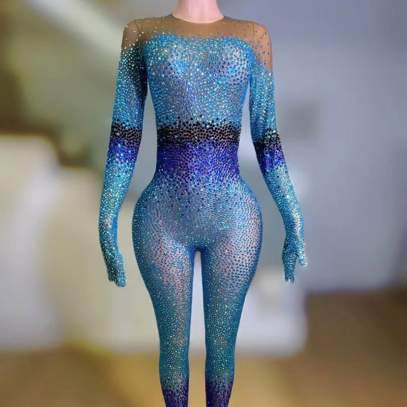 Kimshein AD2296 Handmade Crystal Women's Jumpsuit Sportswear Long Sleeve Crystal Party Outfit for Women's Groundbreaking