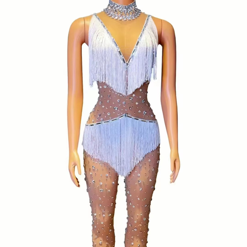 Kimshein AD2258 Crystal Water Diamond Women's Fashion Fringe Bodysuit with Tassels Polyester Spandex Figure-Hugging Suit