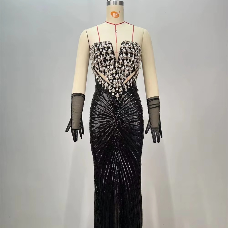 Satin Sophistication ED2724 Black Crystal Decorated Party Dress Dazzling Floor Length Evening Gown for Club and Dance