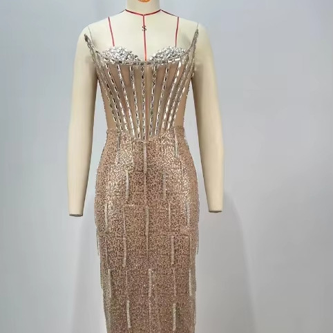 ED2726 Luxury Women Fashion Evening Dress with Sequins and Built-in Bra at 220g Fabric Weight