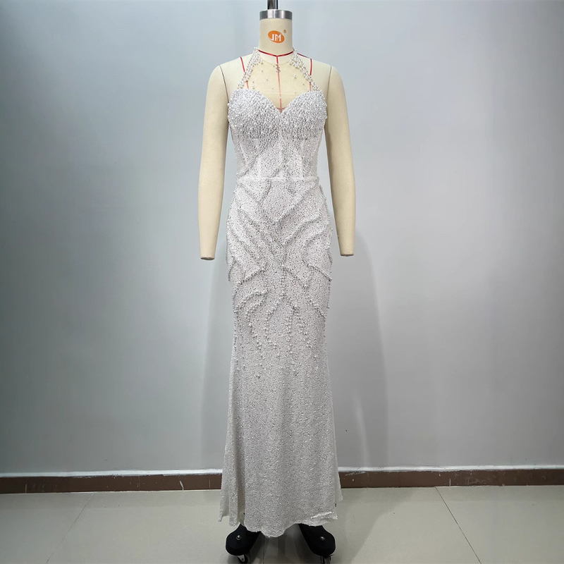 ED2727 White Backless Mermaid Dance Party Dress with Classic Crystal Pearl and Minimalism Style in Polyester/Cotton Material