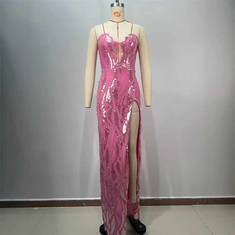 ED2728 Pink Sexy Sleeveless Sequin Maxi Dress Tight-Fitting Women's Evening Party Dress with High Slit in Polyester/Cotton