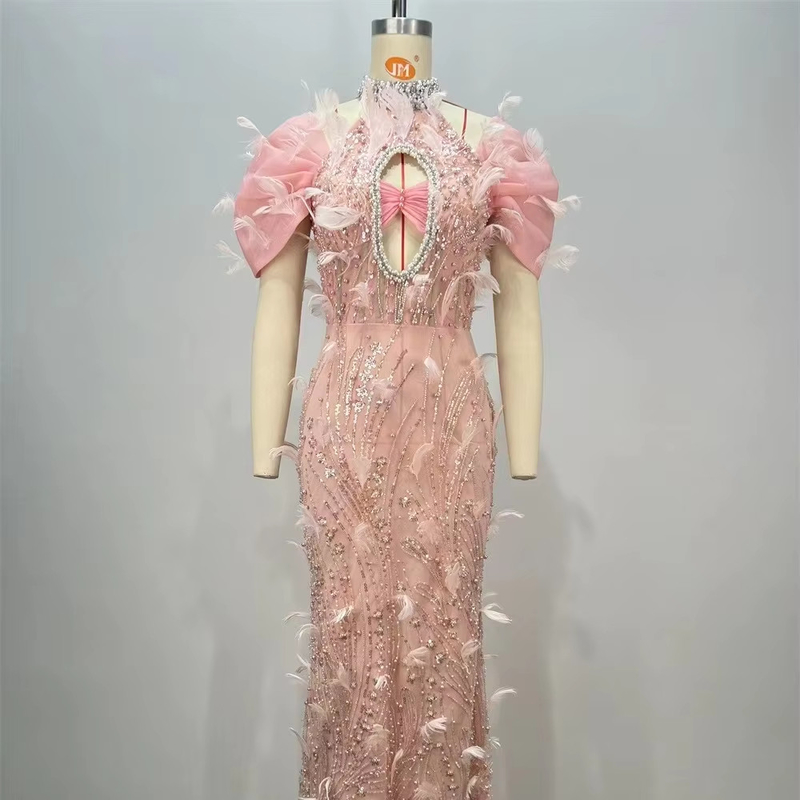 ED2725 Pink Exquisite Feather Evening Dress with Needle Detection Technology end Pearl Sequin Dress Now
