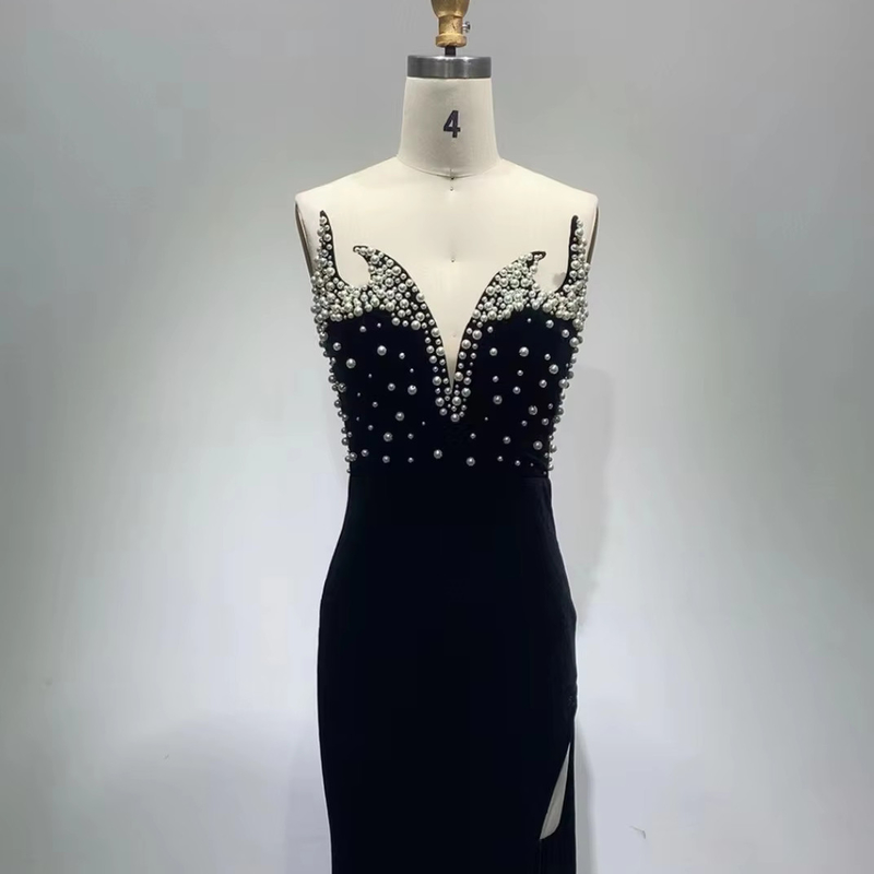 7-Day Fast Sampling Flannel Embroidered High Slit Strapless Evening Dress ED2598 with Pearl Decoration and Embroidered Details