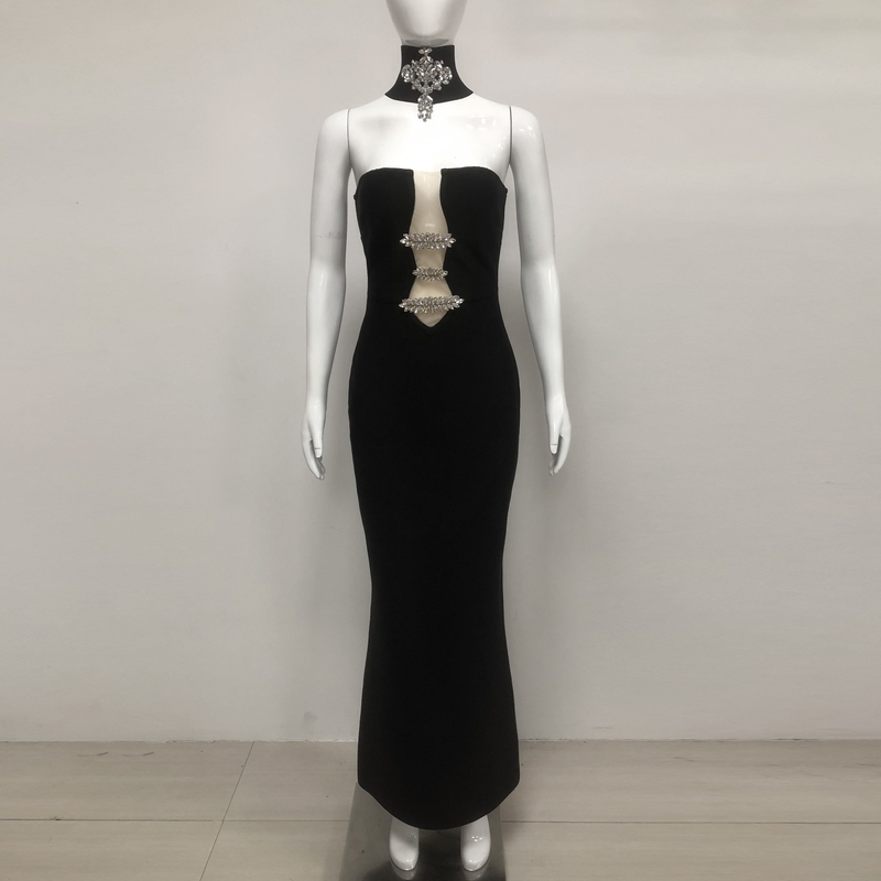SB3383 Black Bandage Strapless Bodycon Crystal Luxury end Maxi Dress with Built-in Bra and Needle Detector Technology