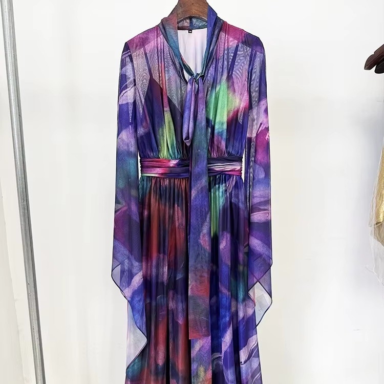 LS2639 Kimshein Purple Floral Print Long Sleeve Casual Dress with Elegant Pleated Hem Full Sleeves and None Print Method