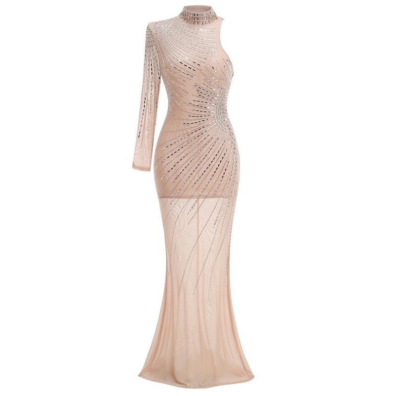 LS2636 Club Party Solid Dress Sexy Glitter Nude Mesh Rhinestone Bodycon Dress with Crystal Embellishment