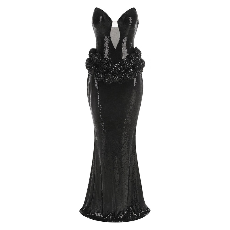 Natural Waistline Sexy Off-Shoulder Sequin Pleated Maxi Dress for Women 3D Floral Slim Fit Black Evening Gown