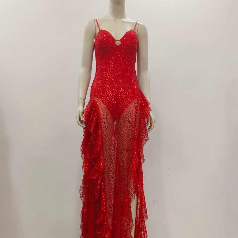 340g Fabric Weight Red Maxi Dress Built-in Bra Ruffled Edges High Slit Mesh and Sequin Details Perfect for Evening Events