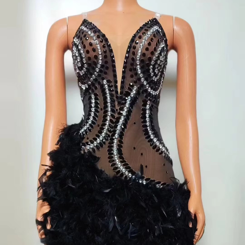 Kimshein Tight-Fitting AD2386 Sexy See-Through Mesh Mini Dress Evening Dress with Luxurious Feather Rhinestone and Party Dress Elements